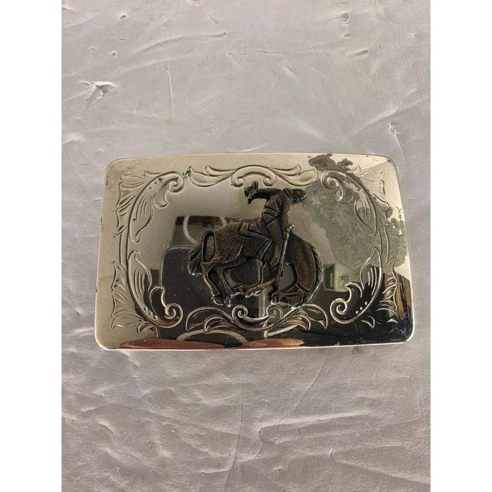 Vintage Cowboy Bucking Bronco Belt Buckle Western Rodeo Silver Tone Mexico